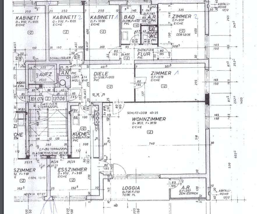 Detaillierter Grundriss der Wohnung mit verschiedenen Zimmern und einer Loggia.