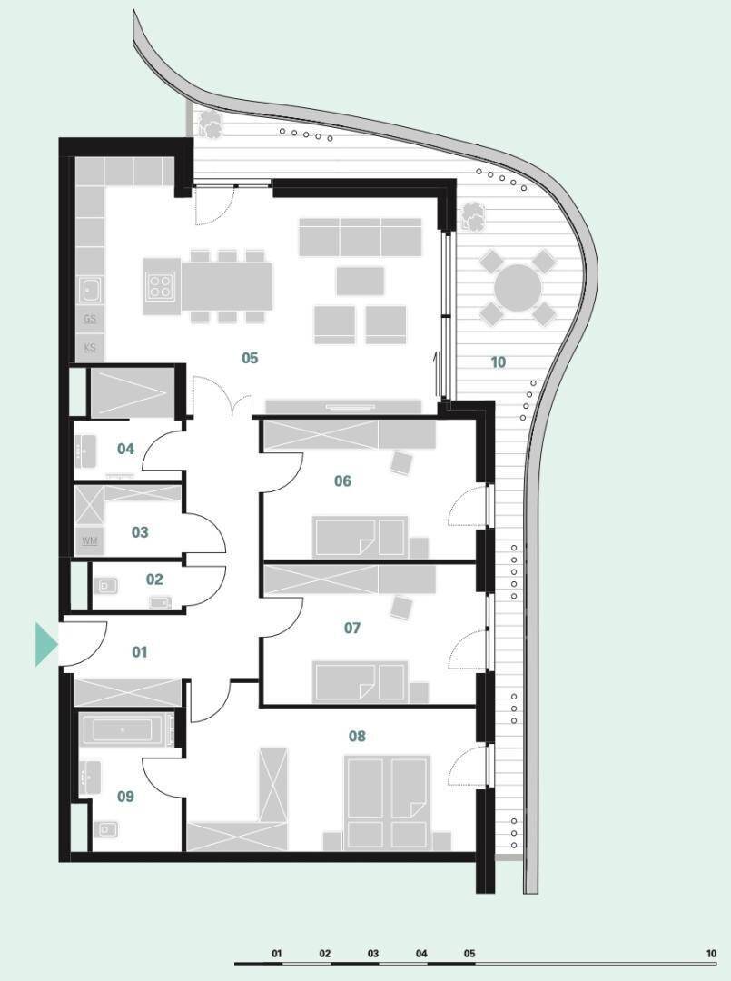 Grundriss einer Wohnung mit mehreren Zimmern und einem großen Balkon.