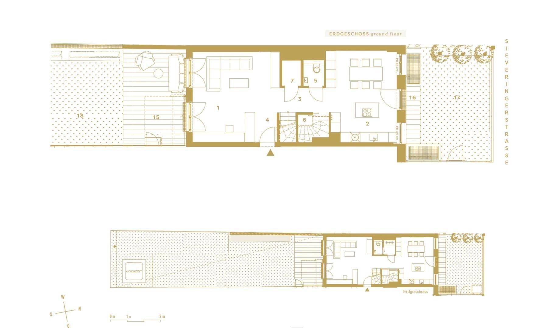 Grundriss des Erdgeschosses mit offenem Wohnbereich, Küche und Zugang zum Garten.