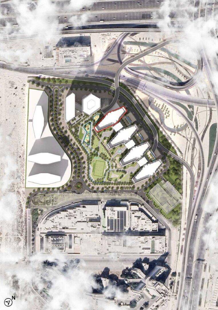 Masterplan einer großen Wohnsiedlung mit Gebäuden, Grünflächen und Infrastruktur.