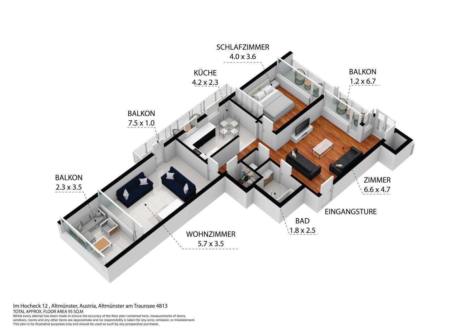 3D-Grundrissvisualisierung einer möblierten Wohnung mit offenem Wohnbereich und Balkonzugang.