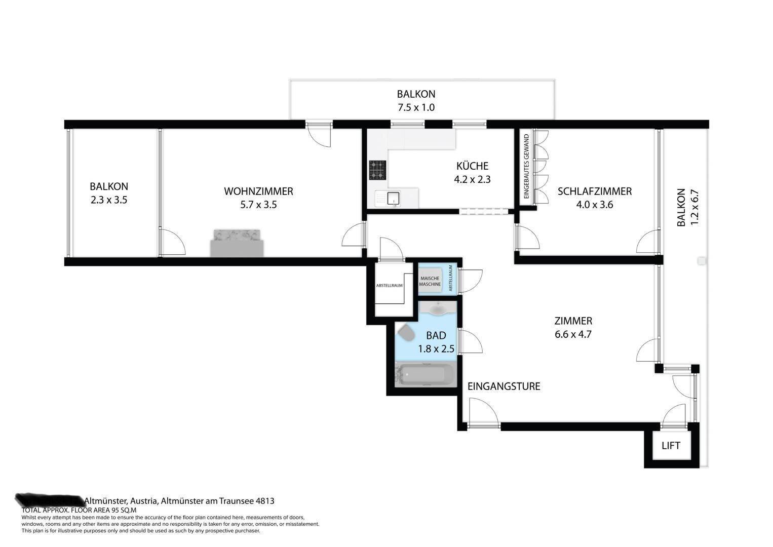 2D-Grundriss einer Wohnung mit Wohnzimmer, Schlafzimmer, Küche und mehreren Balkonen.