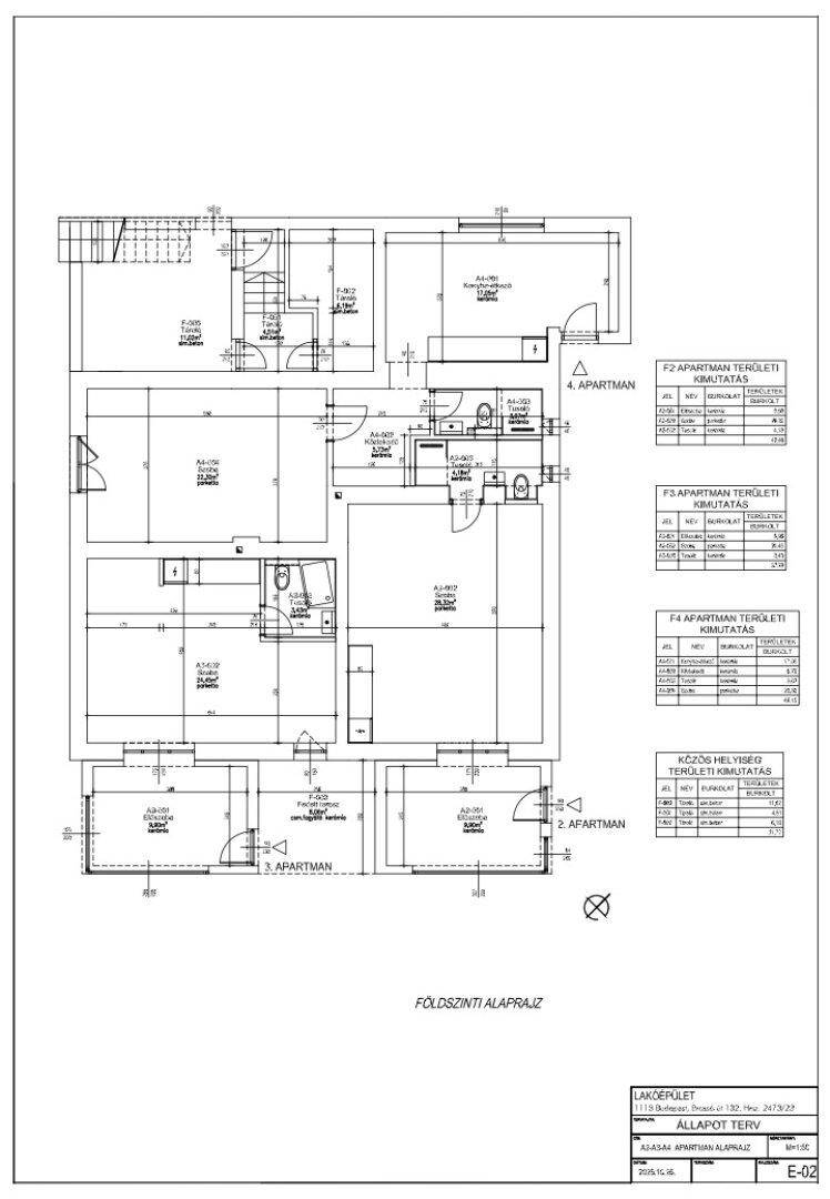 Grundriss des Erdgeschosses mit vier separaten Apartments und deren Aufteilung.