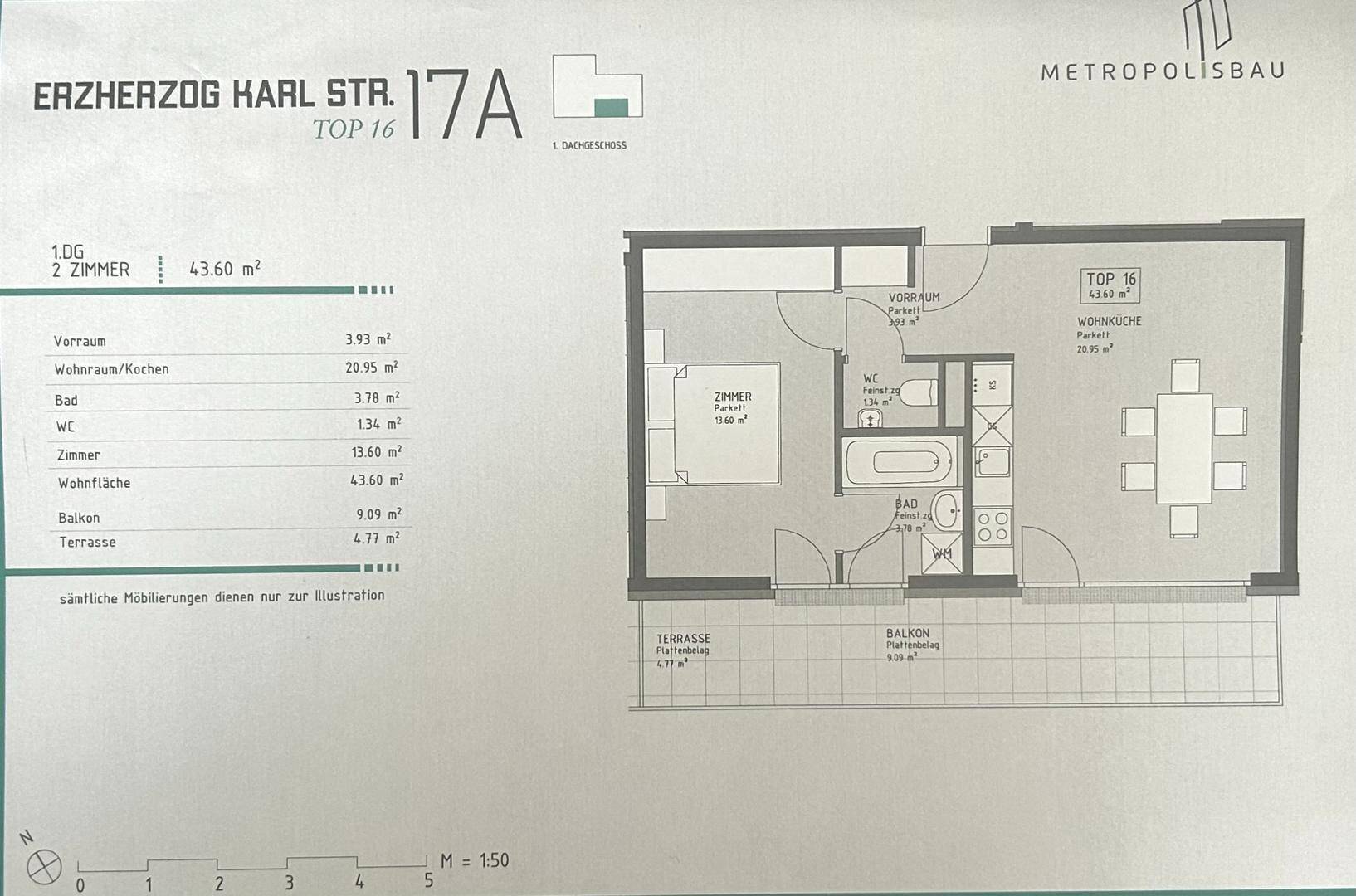 Grundriss der Wohnung Top 16 mit 2 Zimmern, Balkon und Terrasse.