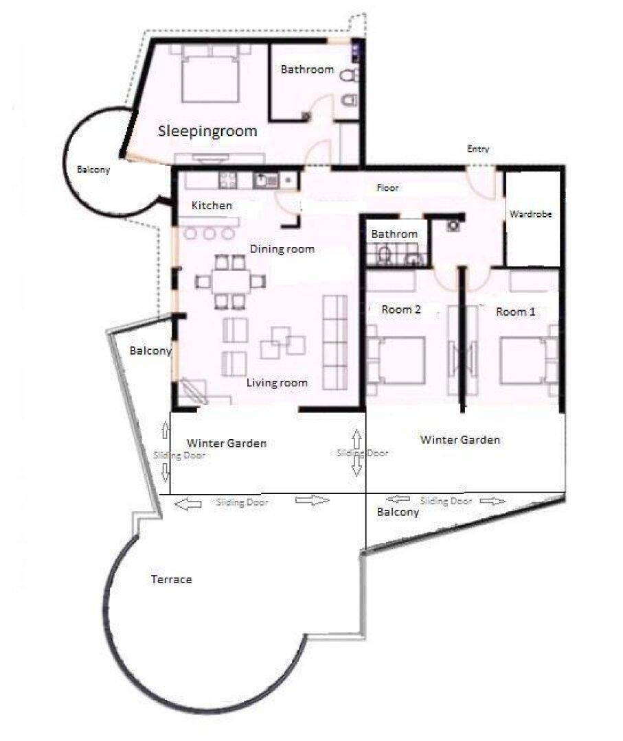 Grundriss einer Wohnung mit Schlafzimmern, offenem Wohnbereich, Küche, Bädern, Wintergärten und großer Terrasse.