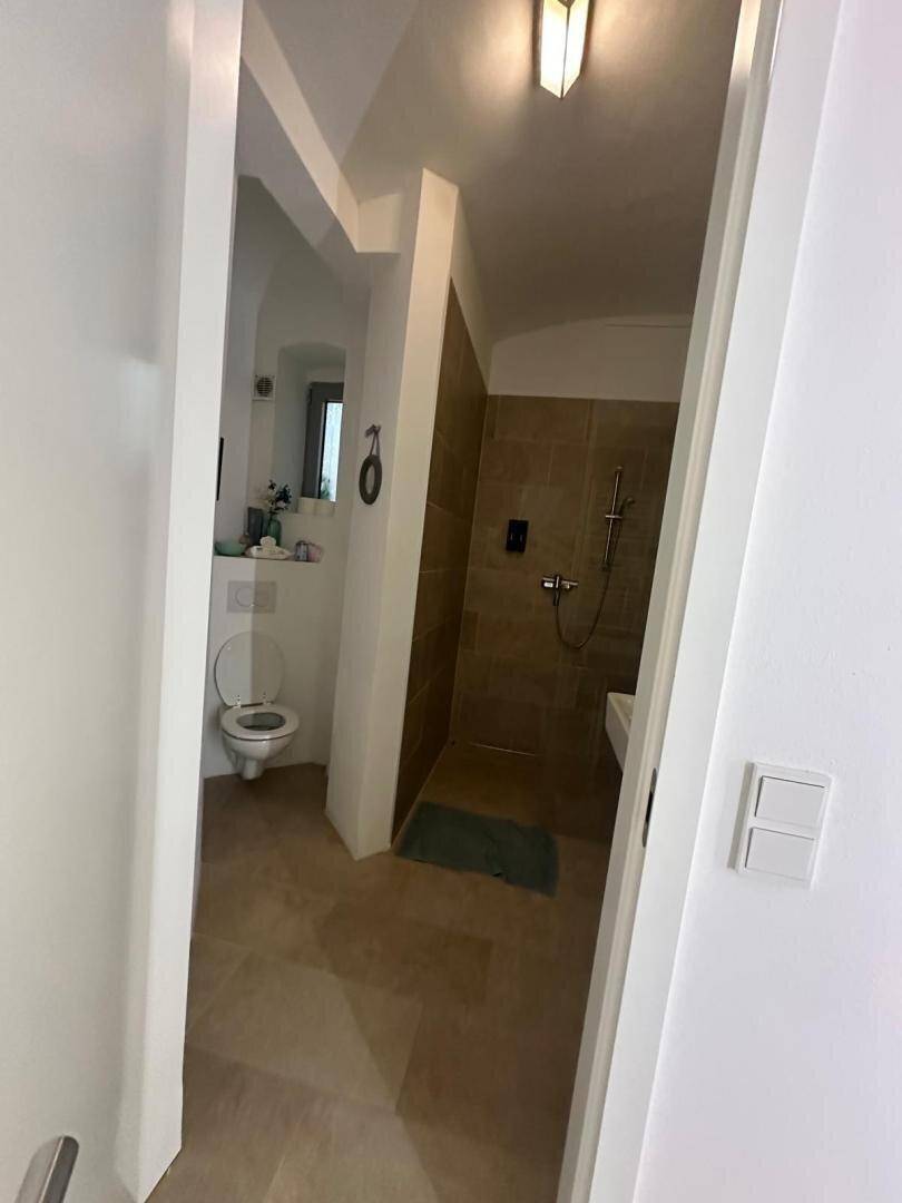 Heller Flur mit Zugang zu einem Badezimmer mit WC und einer modernen Duschkabine.