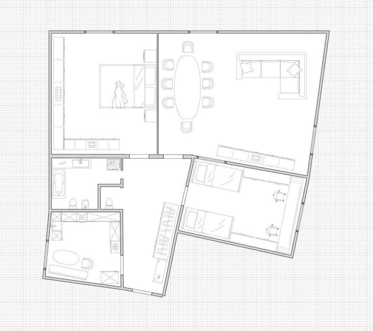 Grundriss einer Wohnung mit Wohnbereich, Schlafzimmern und Bädern.