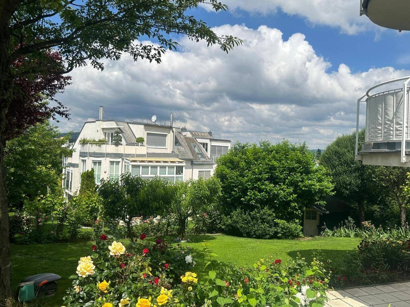 Blühender Rosengarten mit verschiedenen Farben und einem Wohngebäude im Hintergrund.