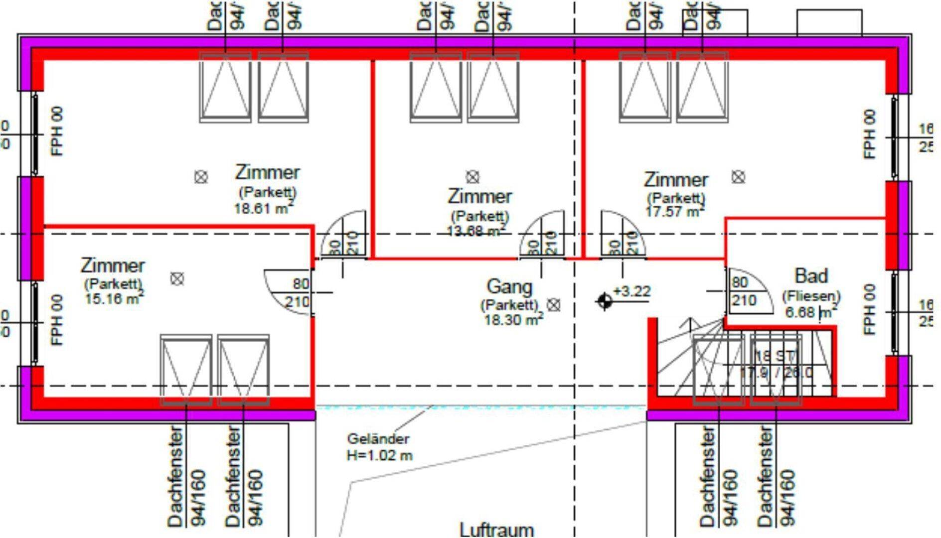 Grundriss des Obergeschosses mit mehreren Zimmern, Bad und Dachfenstern.