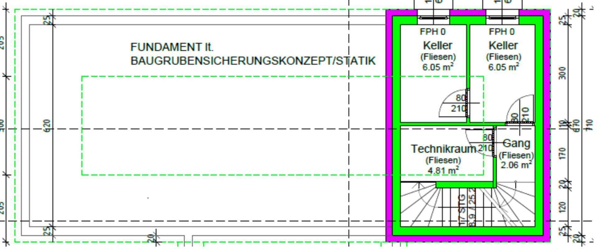 Grundriss des Kellergeschosses mit Kellerräumen, Technikraum und Gang.
