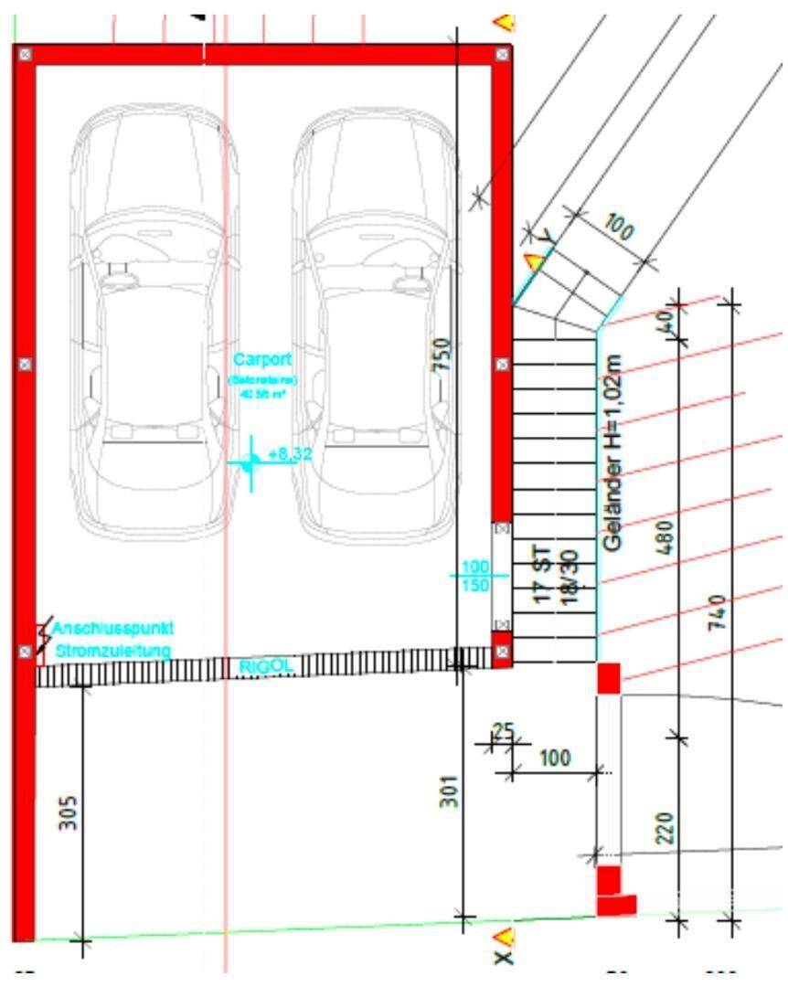 Grundriss des Carports für zwei Fahrzeuge mit Stromanschluss.