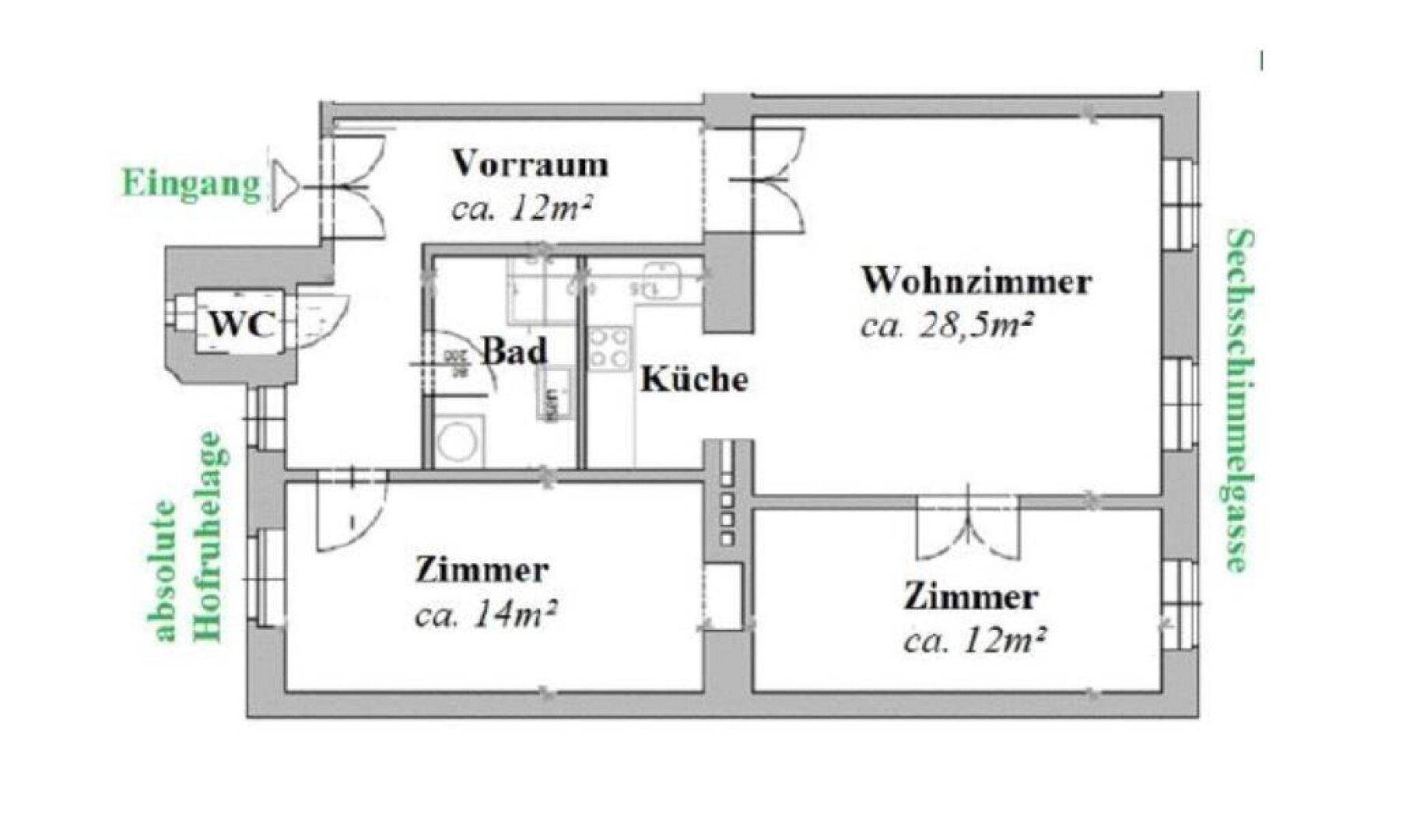 Grundriss einer Wohnung mit Vorraum, WC, Bad, Küche, Wohnzimmer und zwei weiteren Zimmern.
