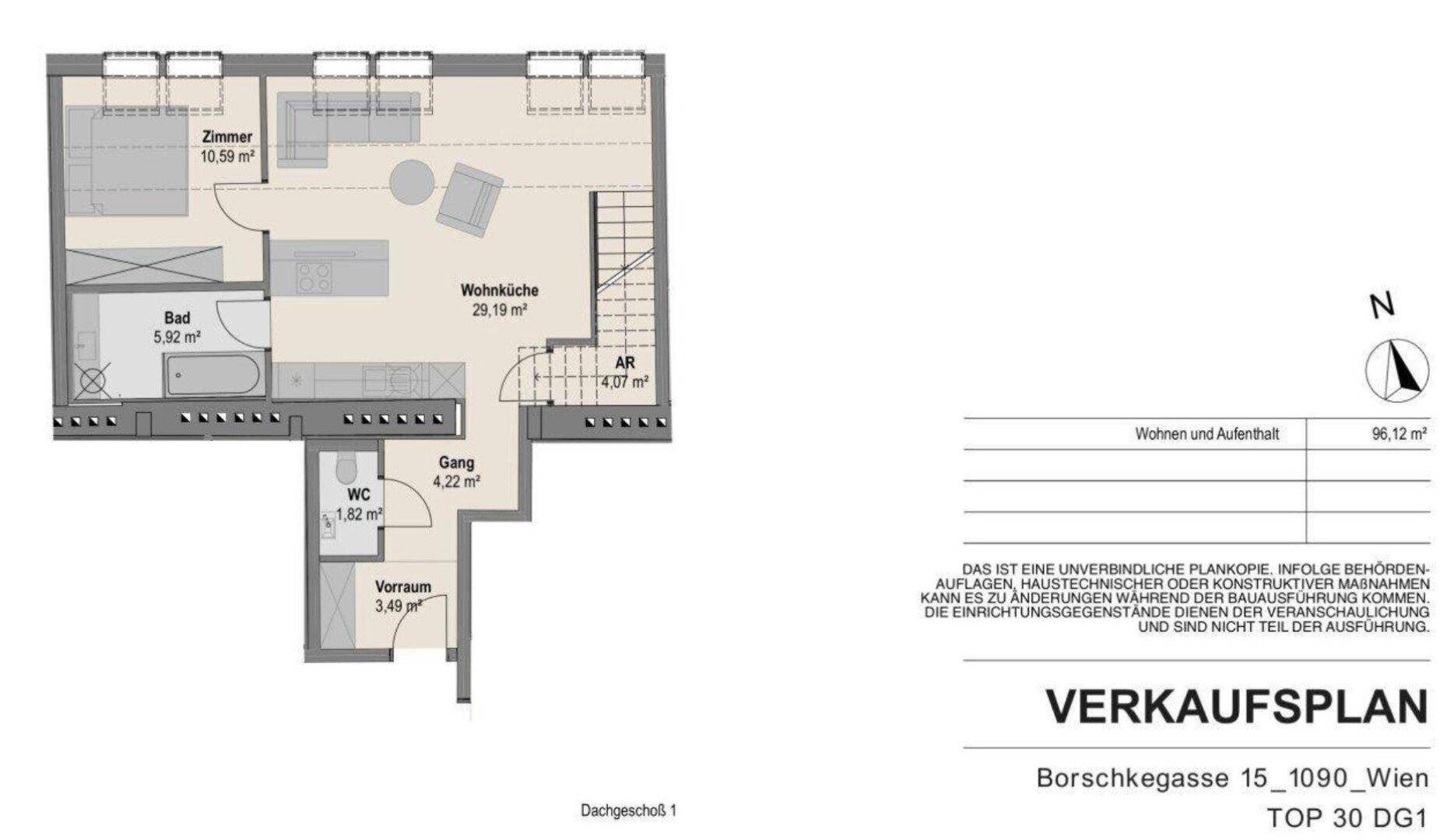 Grundriss des ersten Dachgeschosses mit Schlafzimmer, Bad, offener Wohnküche und separatem WC.
