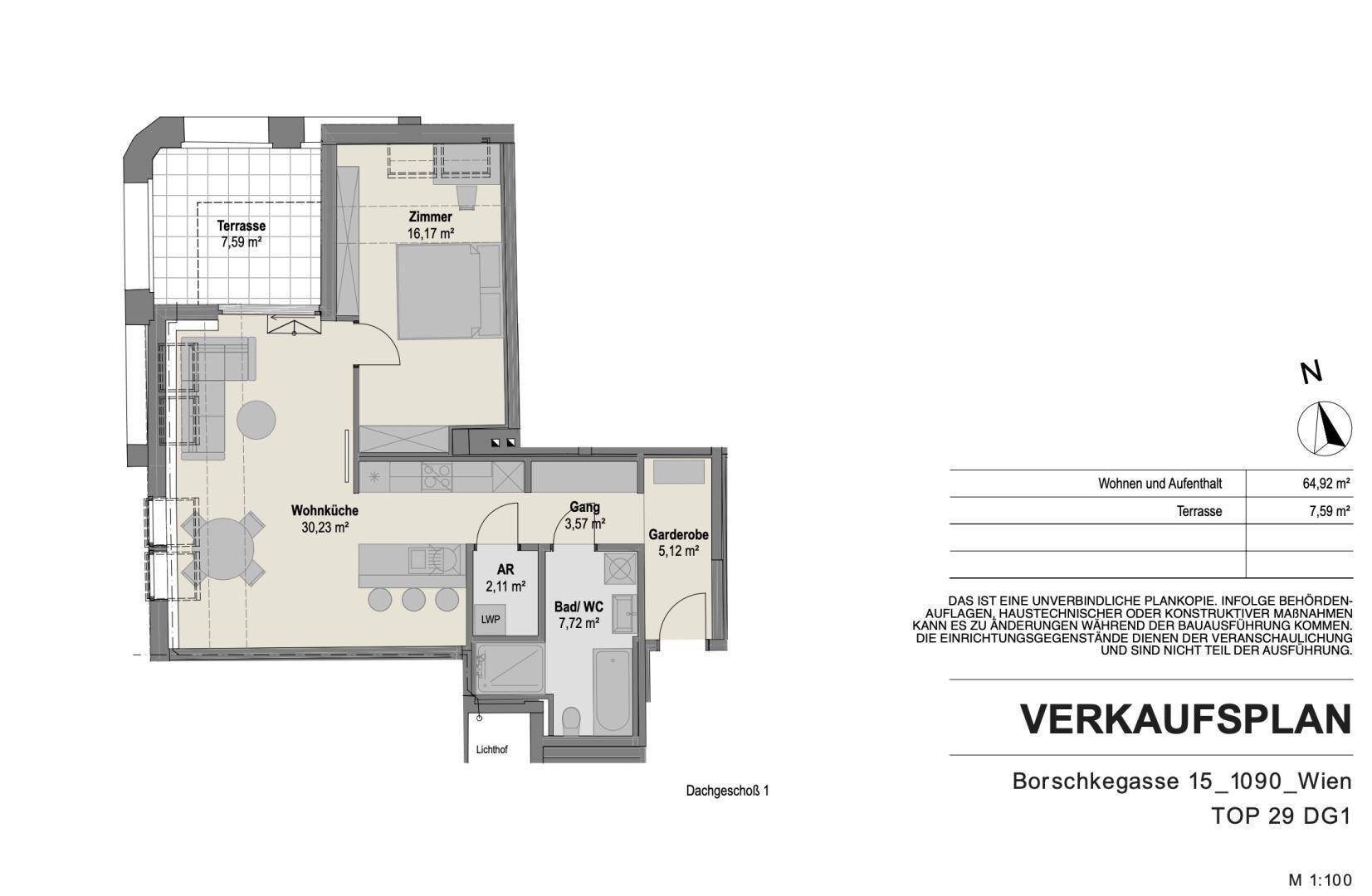 Grundrissplan einer Dachgeschosswohnung mit Terrasse, offener Wohnküche und Schlafzimmer.
