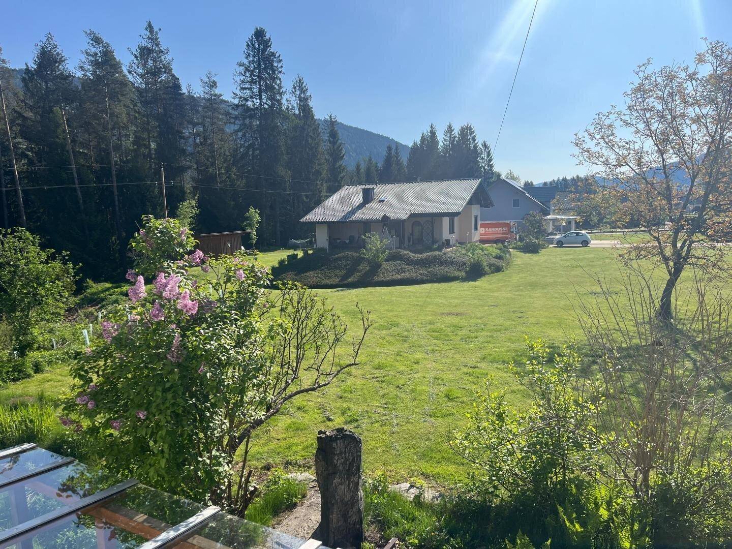 Weitläufige grüne Wiese mit einem Haus im Hintergrund und bewaldeten Bergen unter strahlend blauem Himmel.