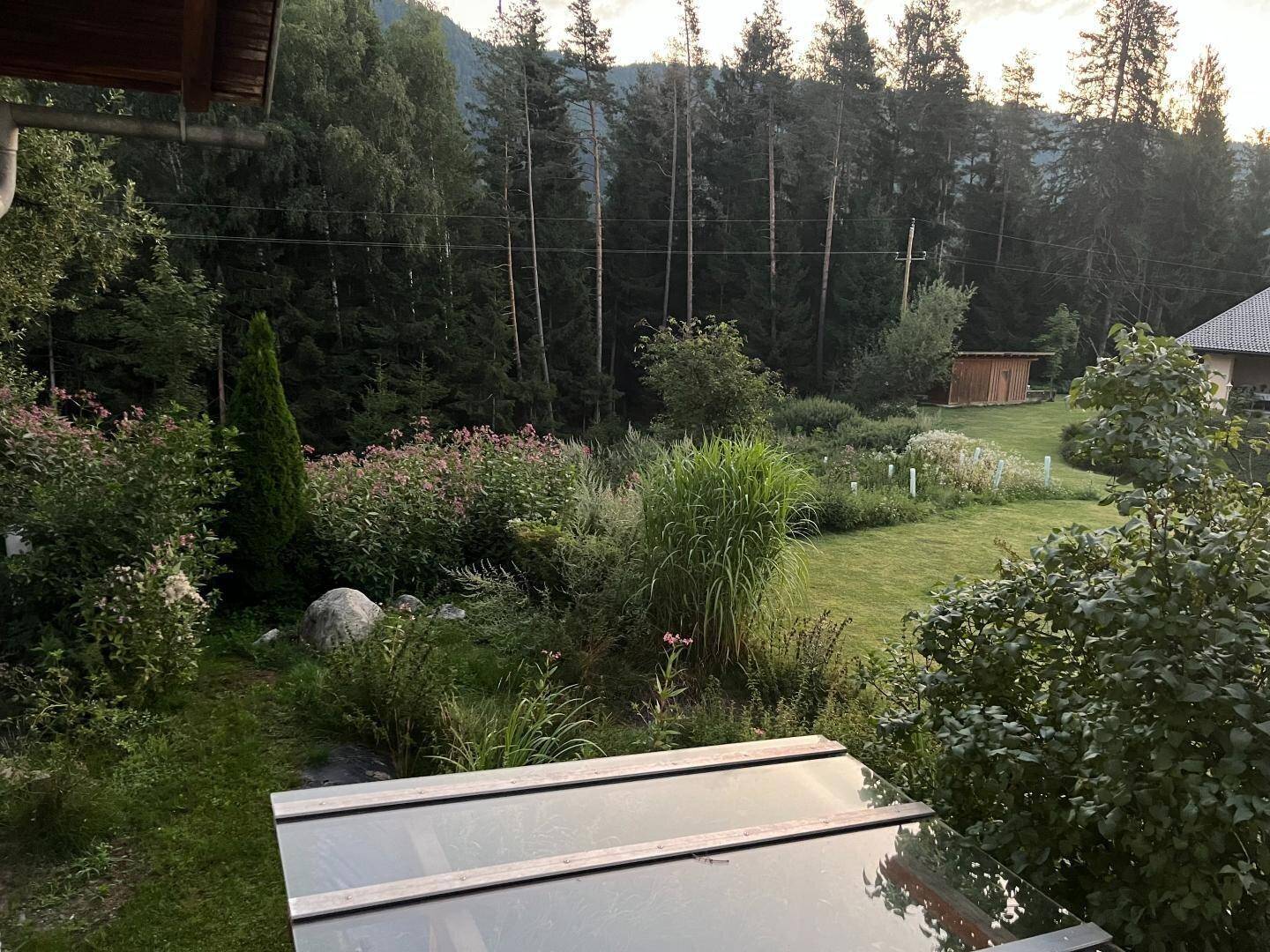 Blick von einer Terrasse auf einen üppigen Garten mit Rasen, vielfältigen Pflanzen und Wald im Hintergrund.