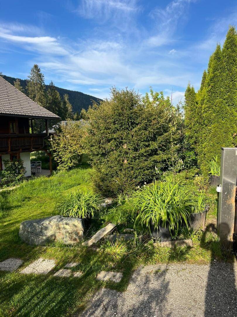 Grüner Gartenbereich mit großen Steinen, üppigen Pflanzen und einem Weg aus Trittplatten neben dem Haus.
