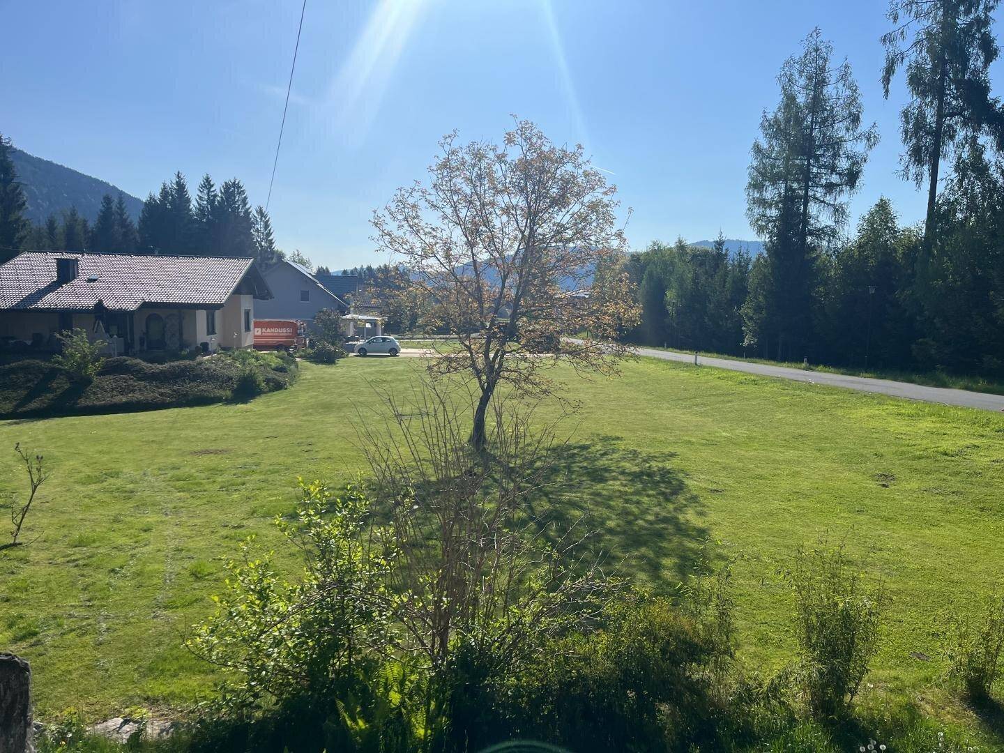 Weitläufige grüne Wiese mit einem einzelnen Baum, einem Haus im Hintergrund und bewaldeten Bergen.