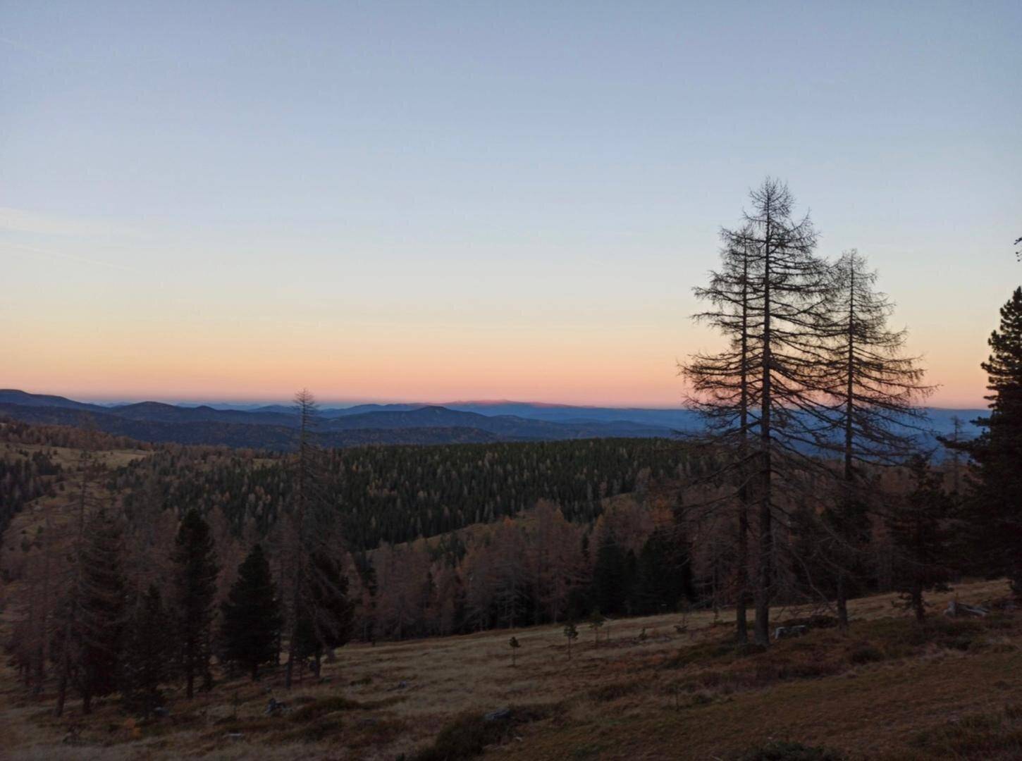 Abendlicher Blick über eine weite Waldlandschaft mit fernen Bergen und farbenfrohem Himmel.