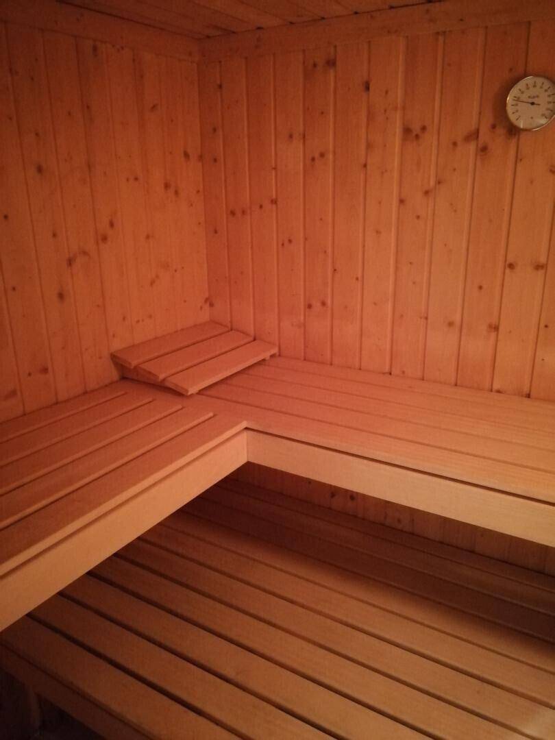 Innenansicht der Holzsauna mit traditionellen Bänken und Wandverkleidung.