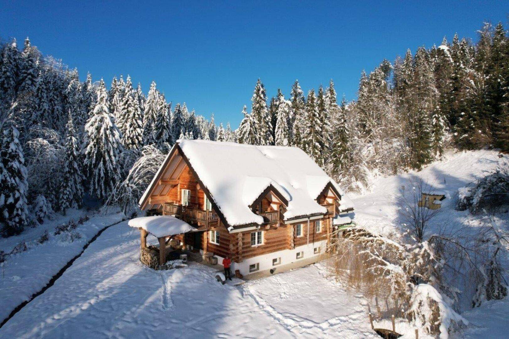 Luftaufnahme des verschneiten Blockhauses, umgeben von einem dichten Winterwald unter blauem Himmel.