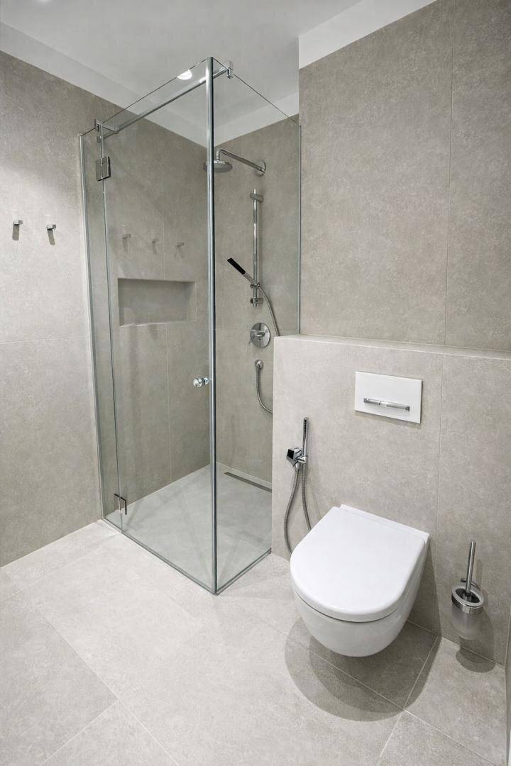 Modernes Badezimmer mit begehbarer Glasdusche und wandhängendem WC in hellen Grautönen.