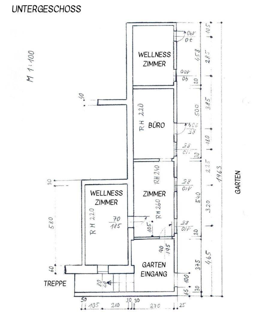 Grundriss des Untergeschosses mit Wellnesszimmern, Büro und direktem Garten-Zugang.