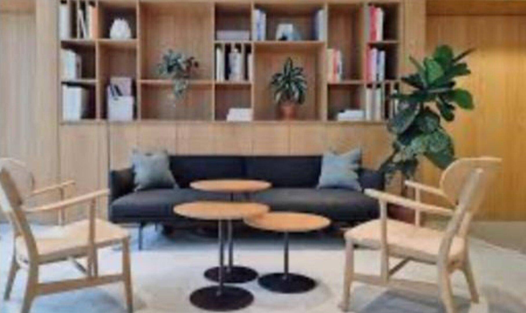 Gemütlicher Loungebereich mit Holzregalen, bequemen Sofas und dekorativen Pflanzen, ideal für entspannte Pausen.