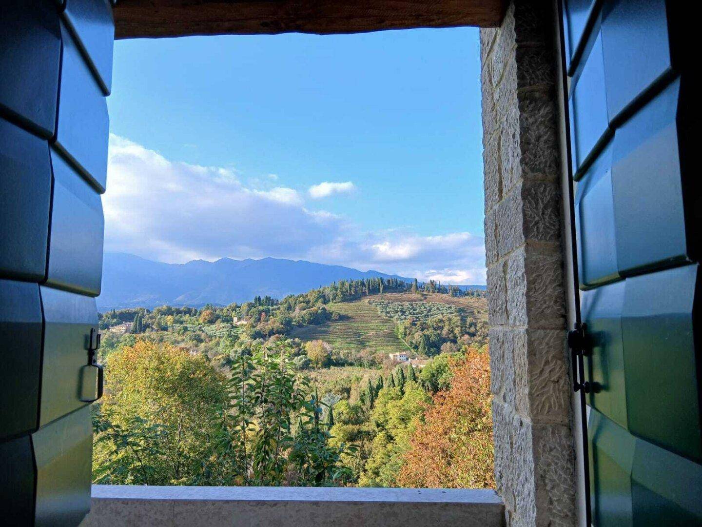 Malerischer Ausblick durch ein Fenster auf grüne Hügel, Weinberge und ferne Berge.