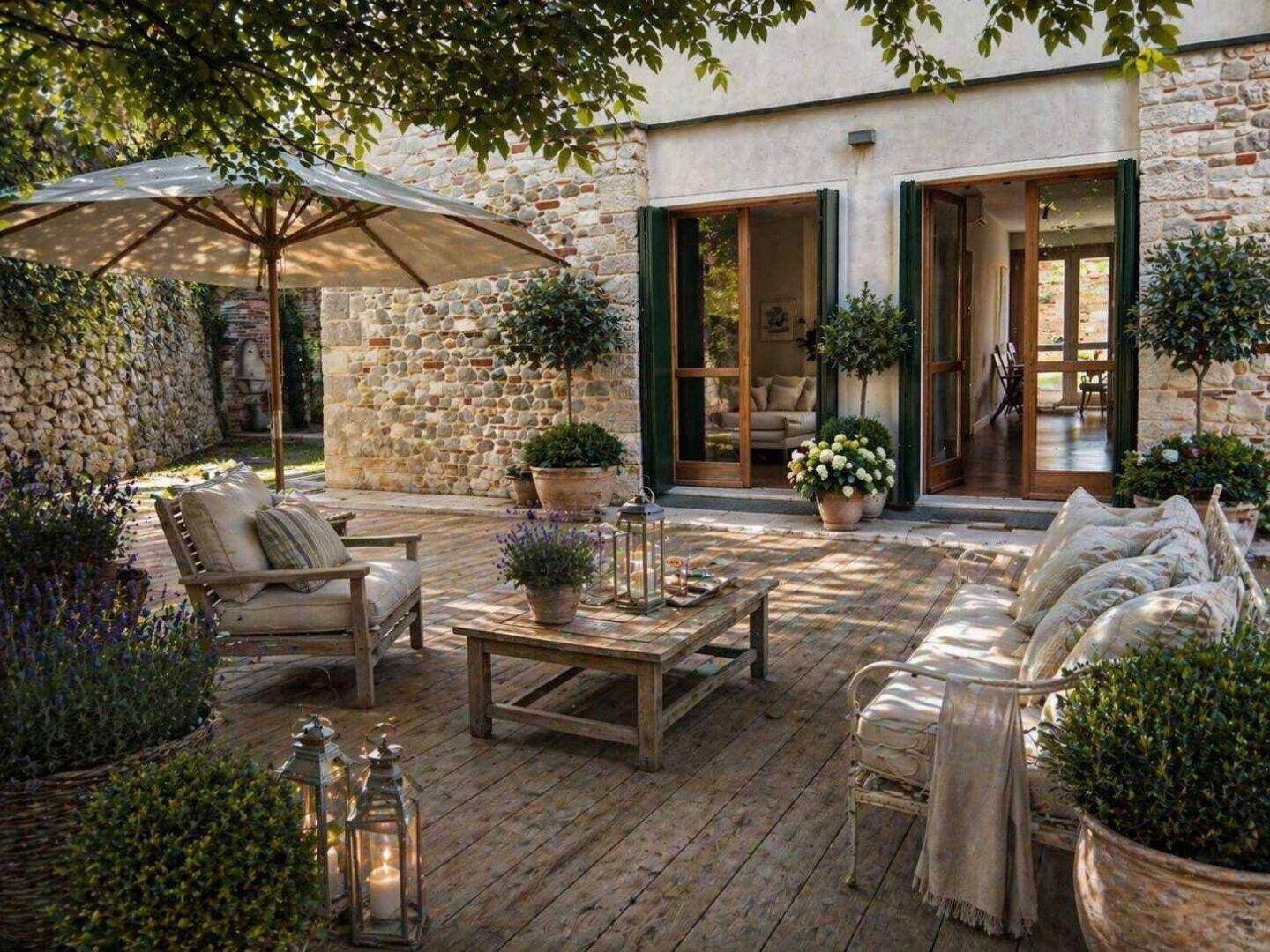 Rustikale Terrasse mit Holzboden, bequemen Sitzmöbeln und Sonnenschirm in mediterraner Umgebung.