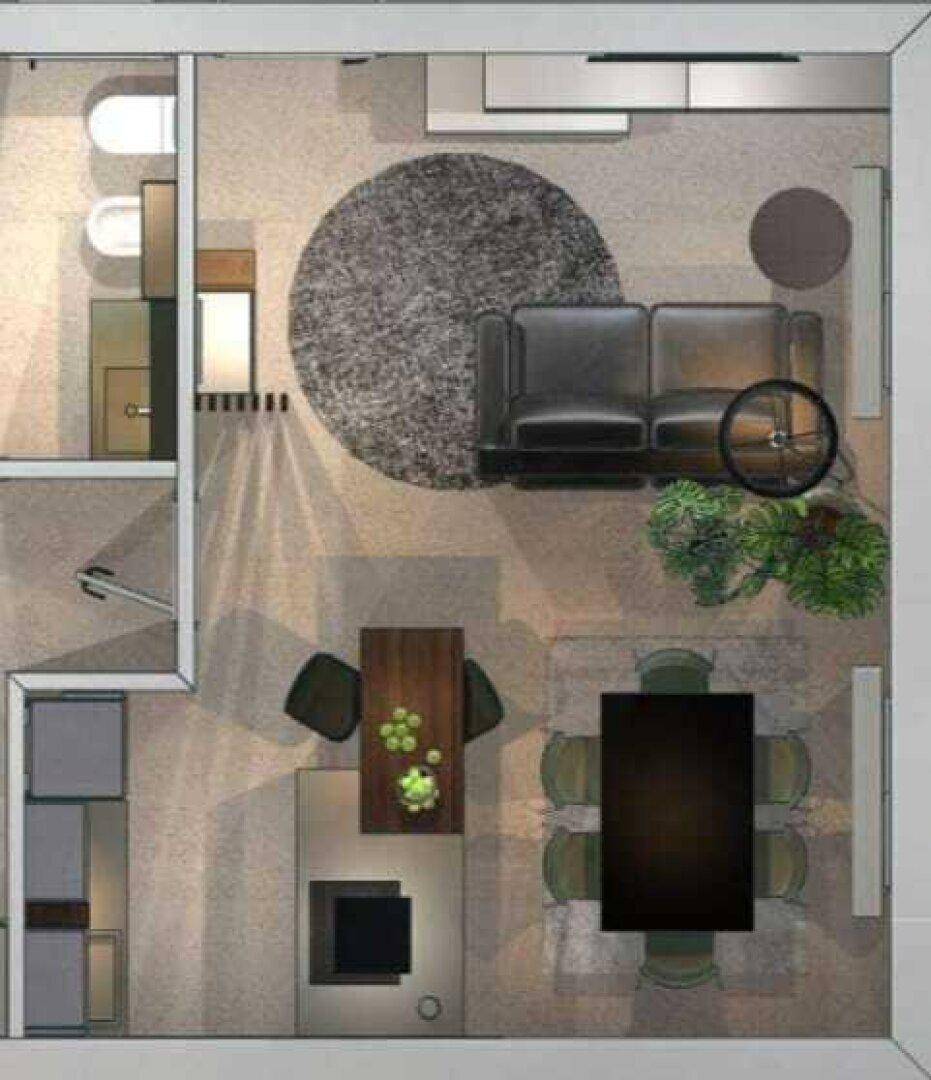 Grundriss einer Wohnung mit offenem Wohn-Essbereich, Küche und zwei Badezimmern.
