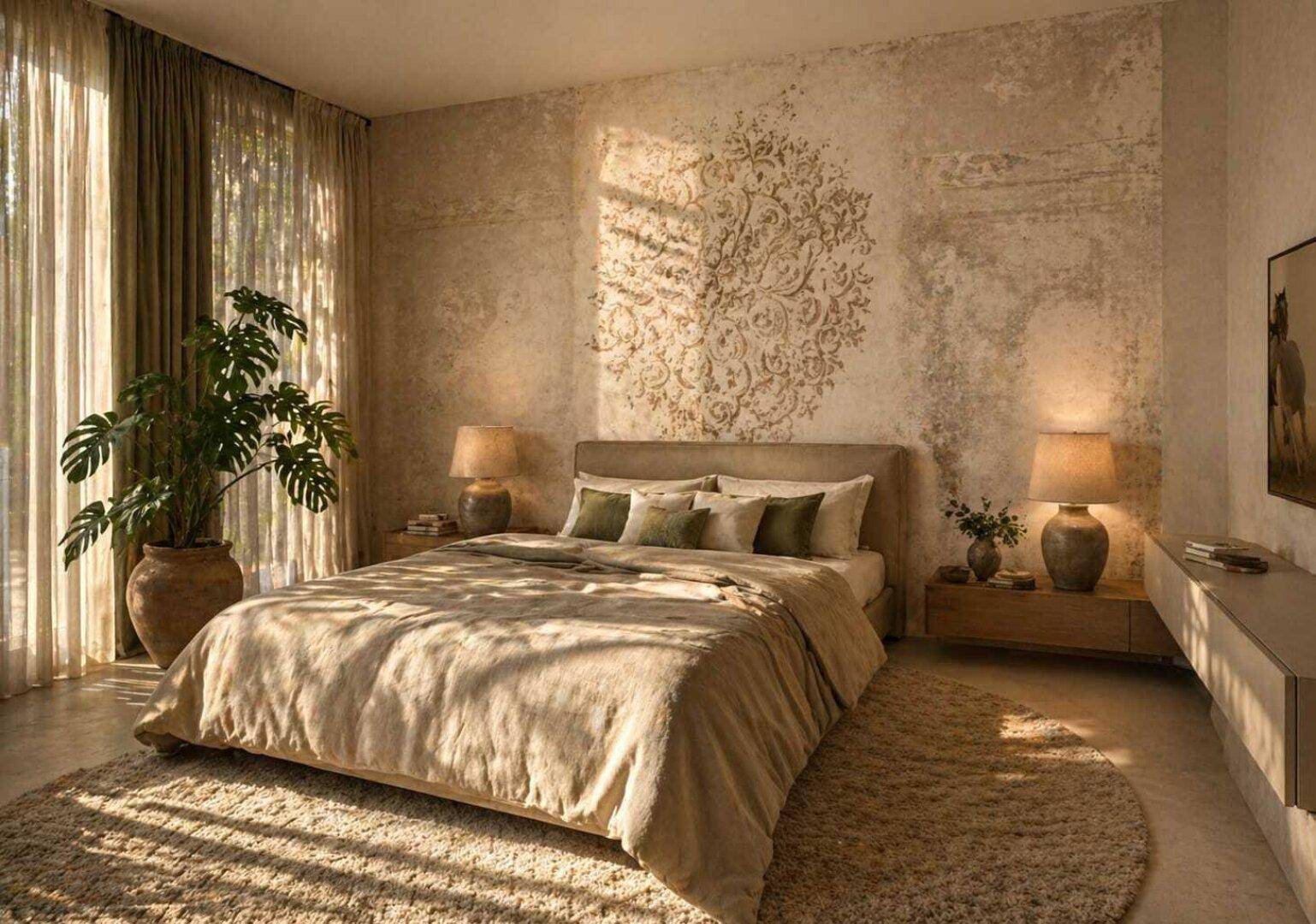 Visualisierung eines hellen Schlafzimmers mit Doppelbett, dekorativer Wand und großen Fenstern.