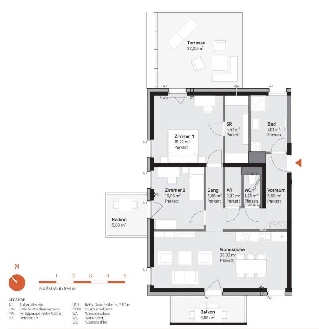 Detaillierter Grundriss einer Wohnung mit zwei Balkonen und einer Terrasse.