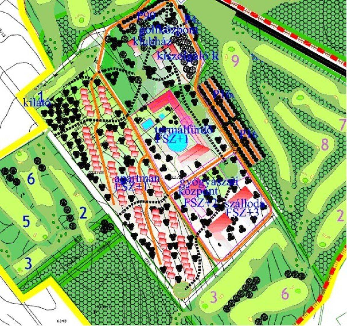 Detaillierter Bebauungsplan mit Apartmentgebäuden, Thermalbad und Golfplätzen in grüner Umgebung.