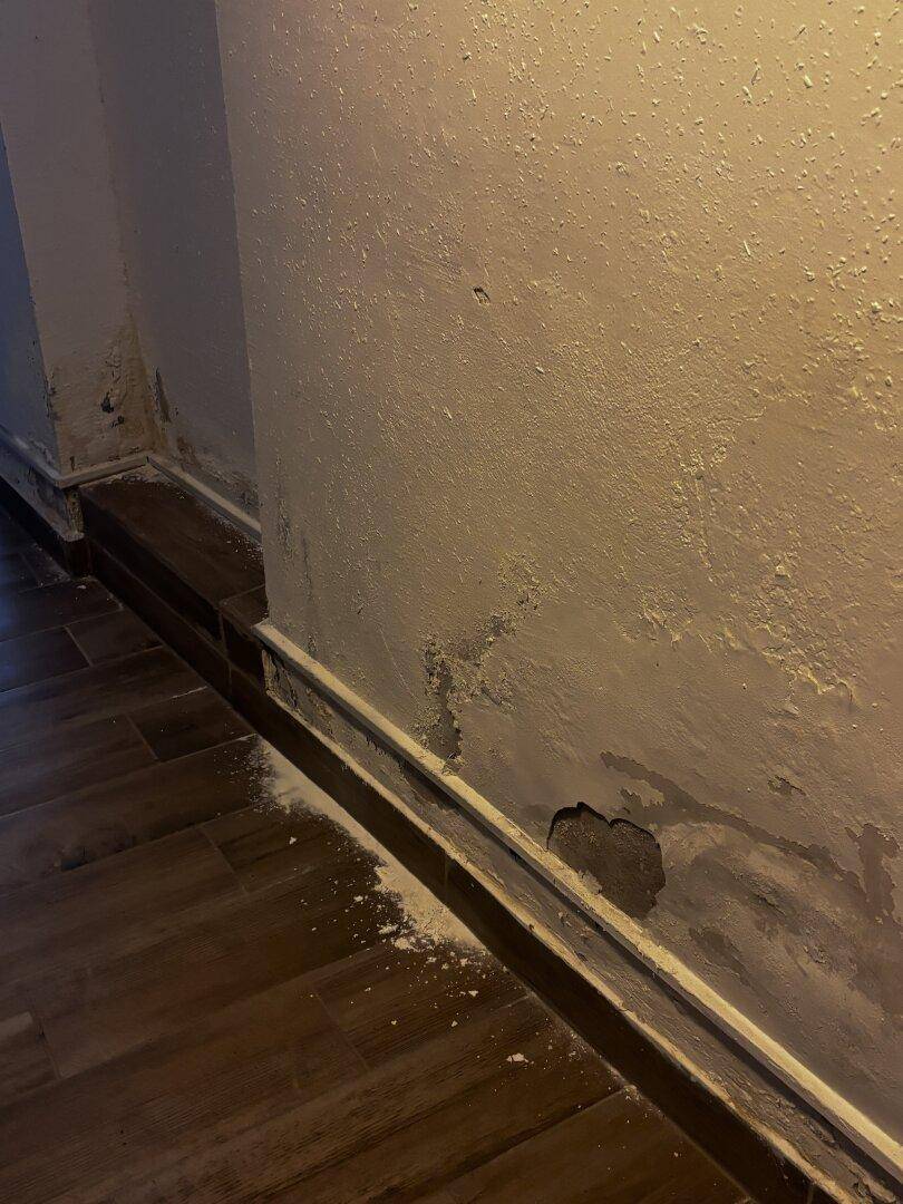 Nahaufnahme einer Wand mit abblätternder Farbe und Schmutz auf dem Boden, schlechter Zustand.