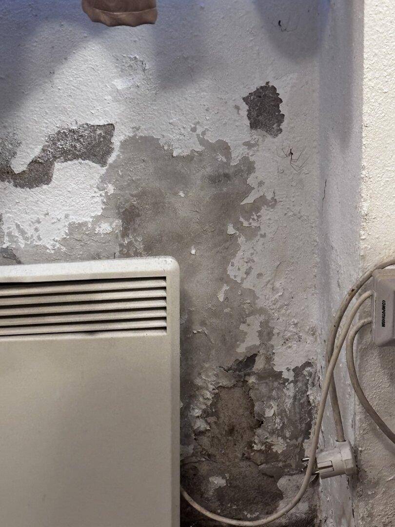 Nahaufnahme einer Wand mit abblätternder Farbe und einem Heizkörper, deutliche Feuchtigkeitsspuren.