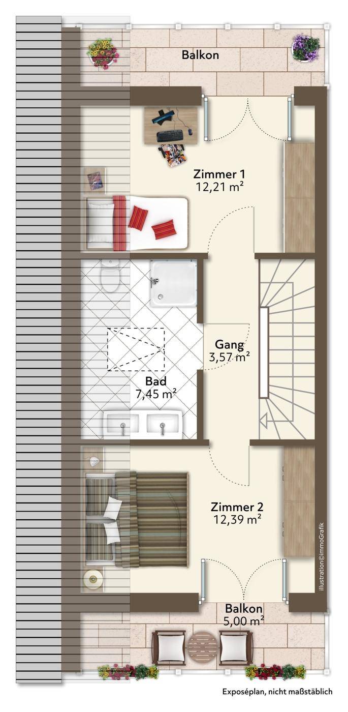 Grundriss des Obergeschosses mit zwei Schlafzimmern, Bad und Balkonen.