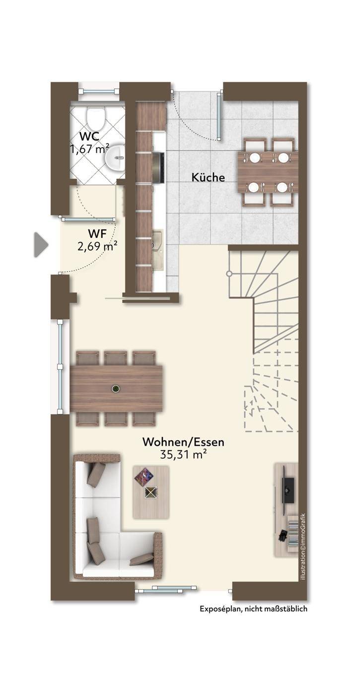 Grundriss des Erdgeschosses mit offenem Wohn-Essbereich und separater Küche.