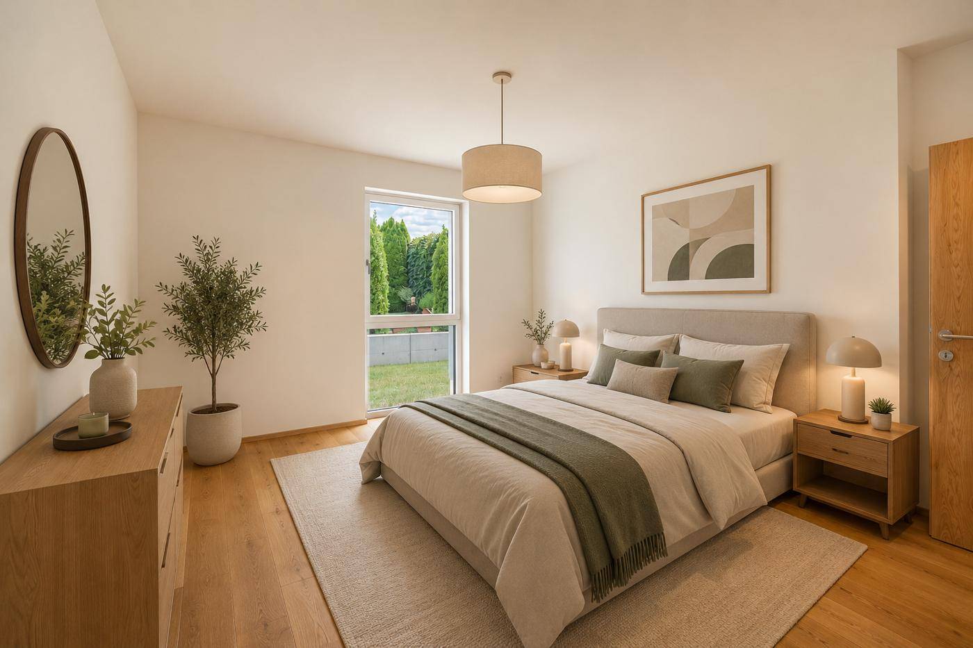 Helles Schlafzimmer mit Holzboden, modernem Bett und Blick ins Grüne durch das große Fenster.