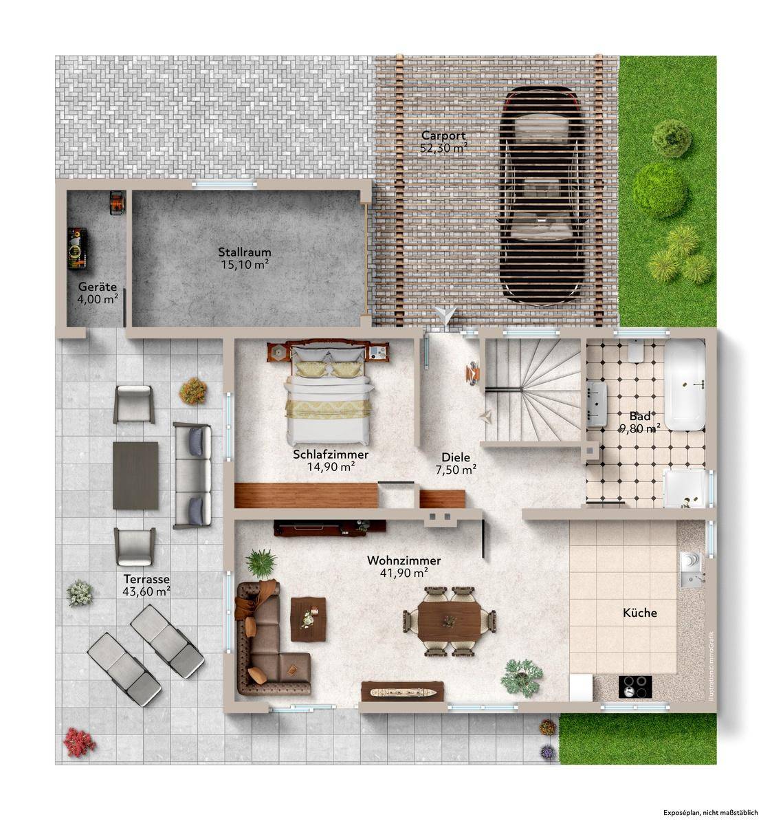 Grundriss des Erdgeschosses mit Wohnzimmer, Küche, Schlafzimmer, Bad und großer Terrasse.