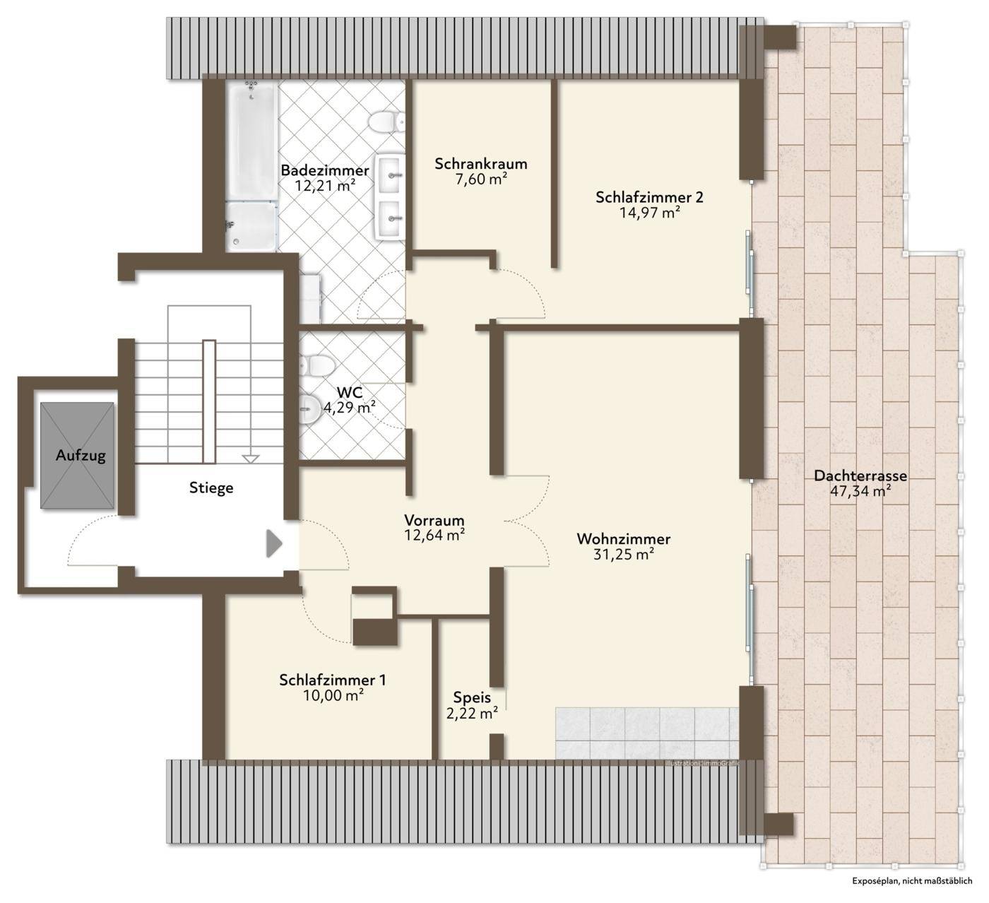 Grundrissplan mit drei Schlafzimmern, zwei Bädern, Wohnzimmer und großer Dachterrasse, inklusive Aufzug.