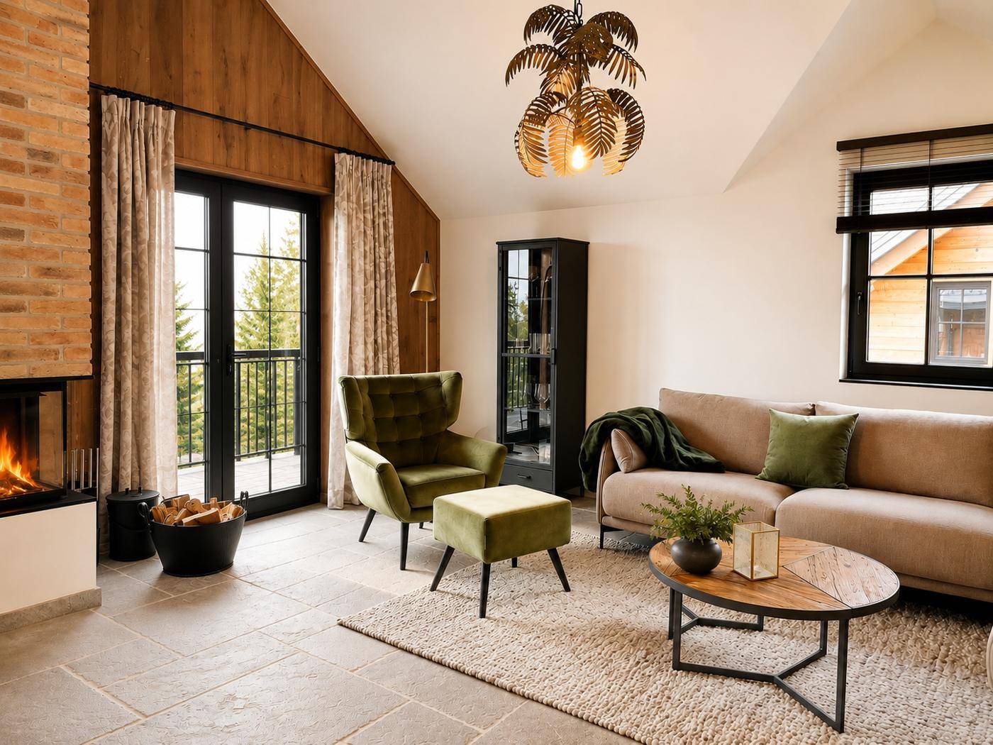Gemütliches Wohnzimmer mit Kamin, hohen Decken und Zugang zu einem französischen Balkon.