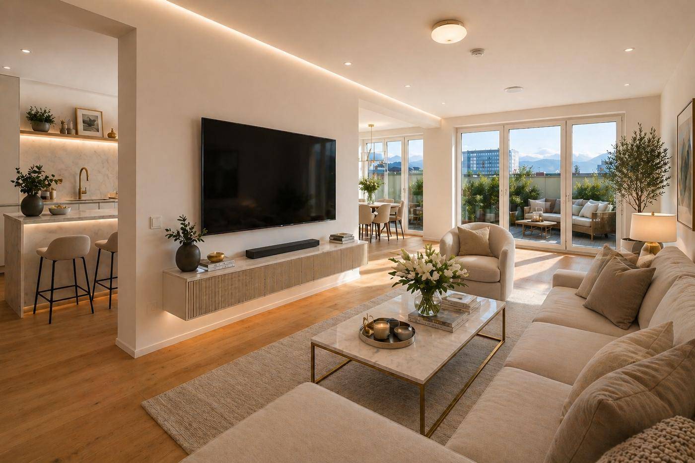 Helles Wohnzimmer mit modernem Design, Holzboden und Zugang zu einer großen Terrasse mit Bergblick.