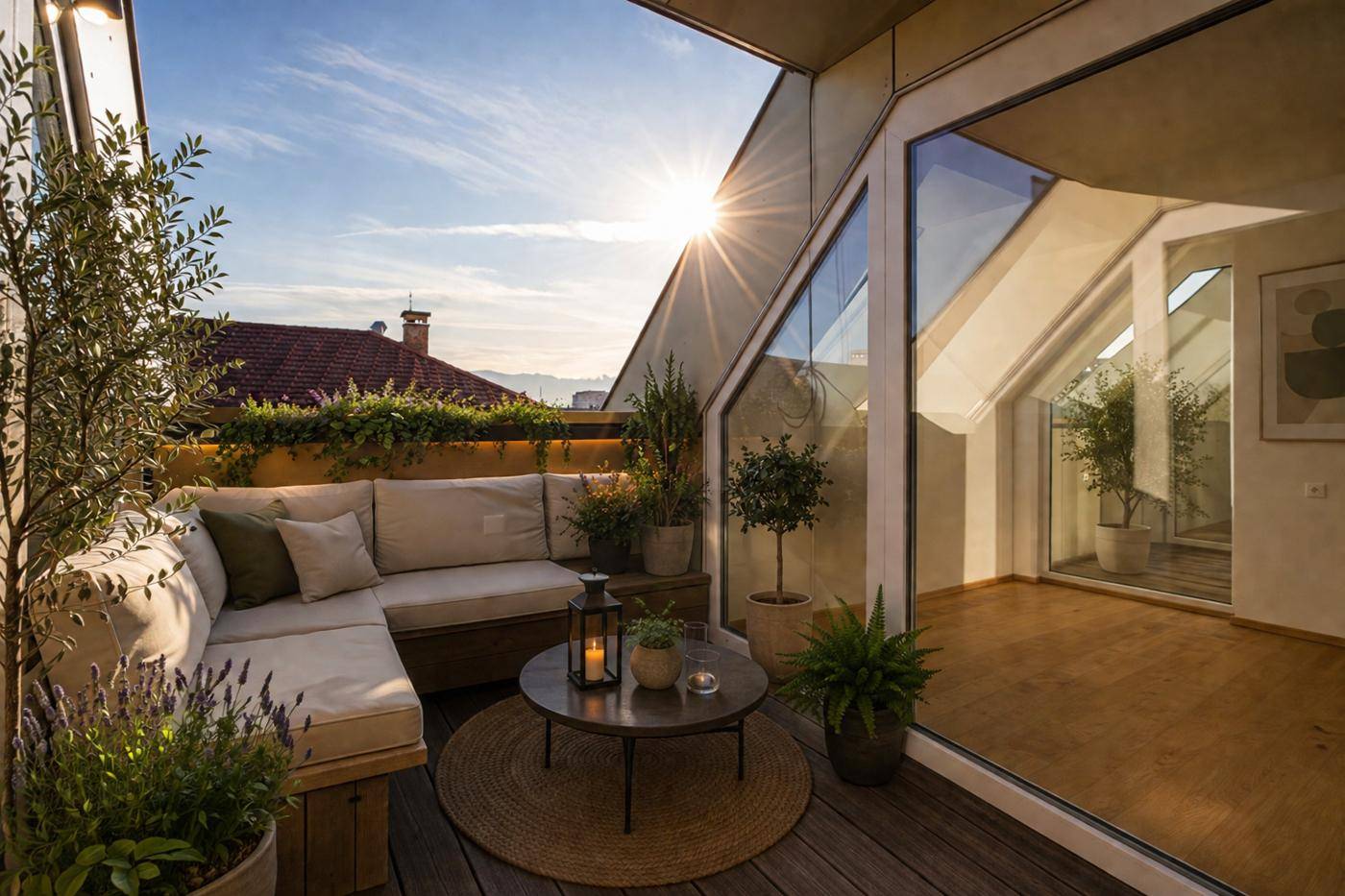 Sonnige Dachterrasse mit bequemen Loungemöbeln und Pflanzen, ideal zum Entspannen.