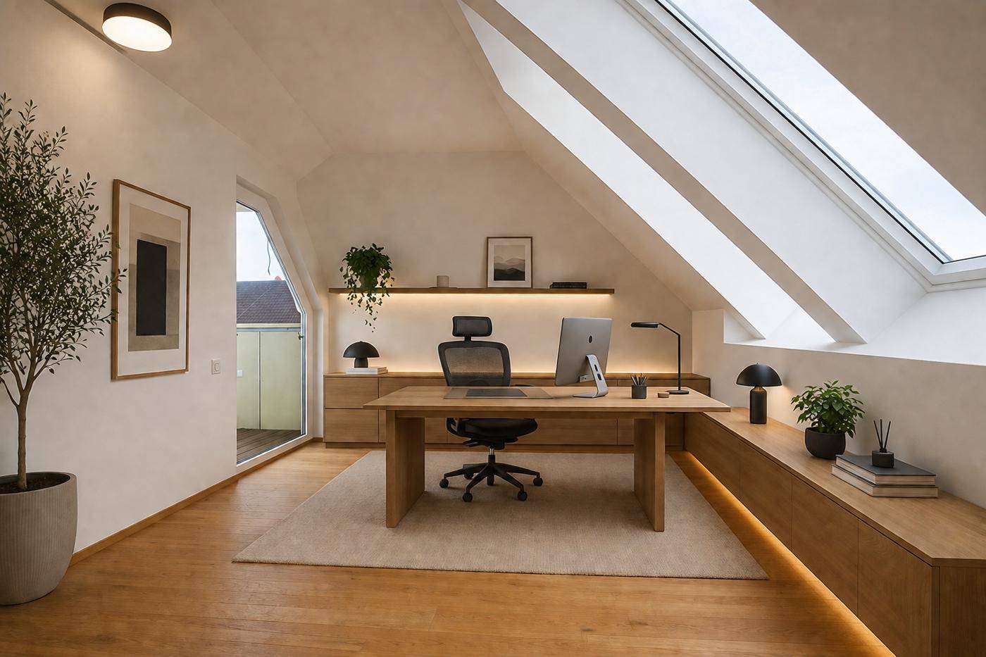 Modernes Büro mit Holzboden, großen Dachfenstern und integrierten Holzmöbeln, sehr hell.