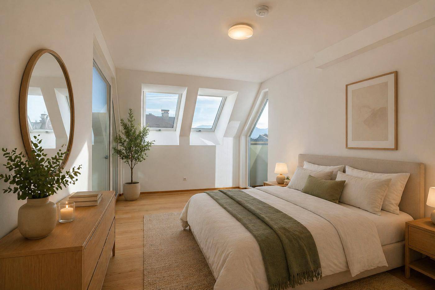 Helles Schlafzimmer mit Holzboden, Dachfenstern und Zugang zu einem kleinen Balkon.
