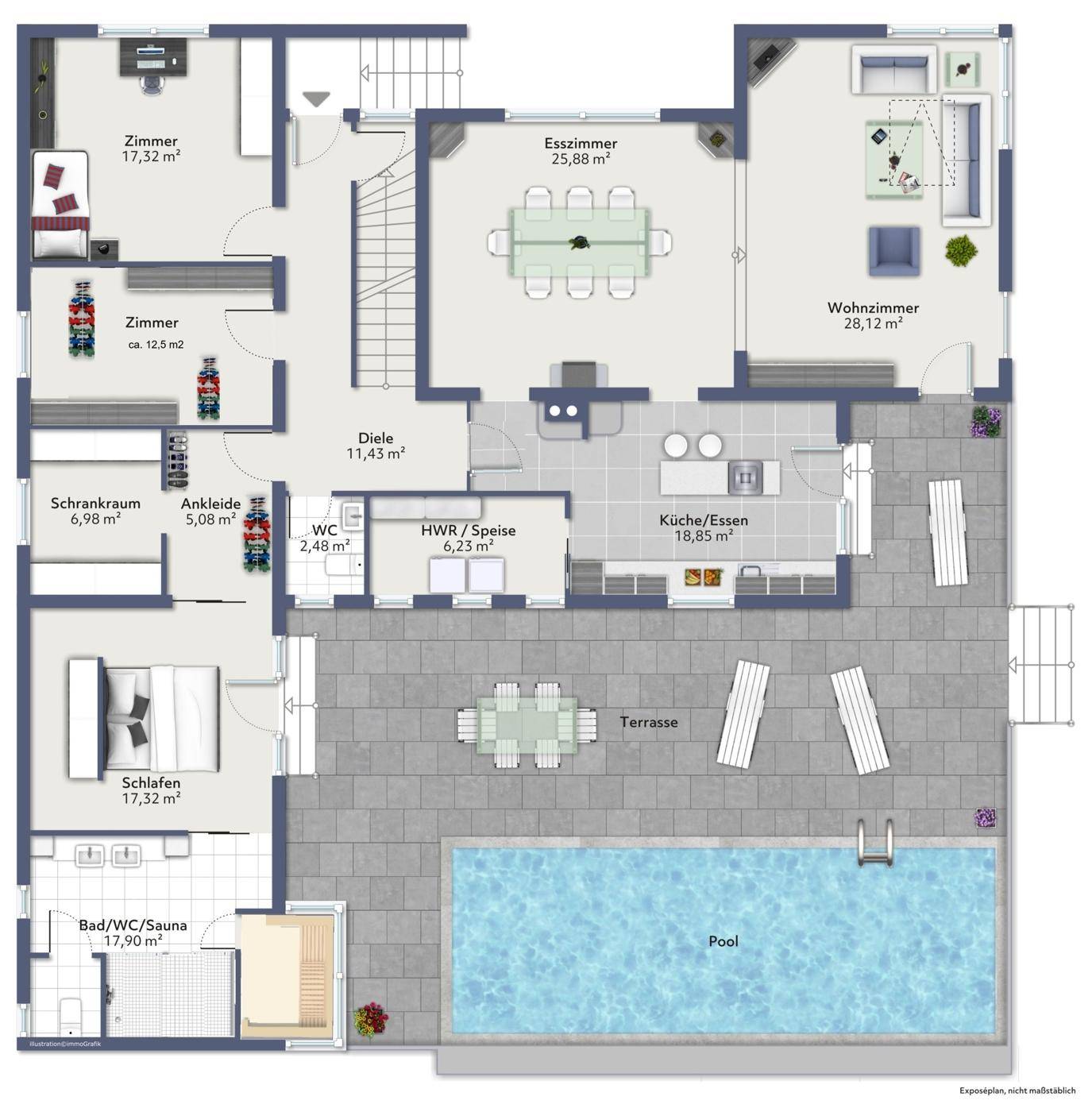 Geräumiger Grundriss mit offenem Wohn- und Essbereich, drei Schlafzimmern, zwei Bädern, Sauna, Ankleide, großer Terrasse und Pool.