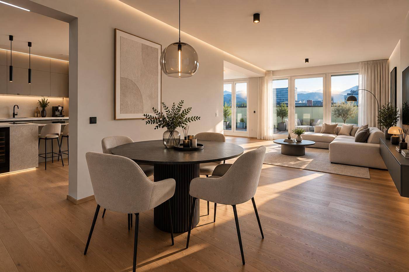 Heller, offener Wohn- und Essbereich mit Holzboden, modernen Möbeln und Zugang zur Terrasse.