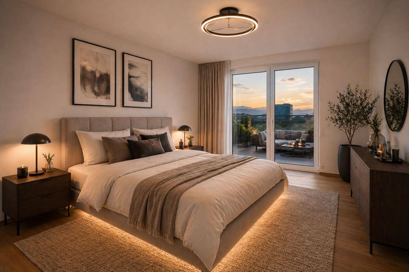 Gemütliches Schlafzimmer mit Doppelbett, indirekter Beleuchtung und direktem Zugang zur Terrasse bei Sonnenuntergang.