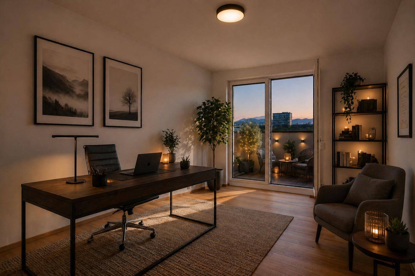 Modernes Arbeitszimmer mit Schreibtisch, Bücherregal und Zugang zu einem möblierten Außenbereich bei Sonnenuntergang.